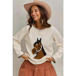 SO ME Horse Knit Sweater Top with Blanket Stitch